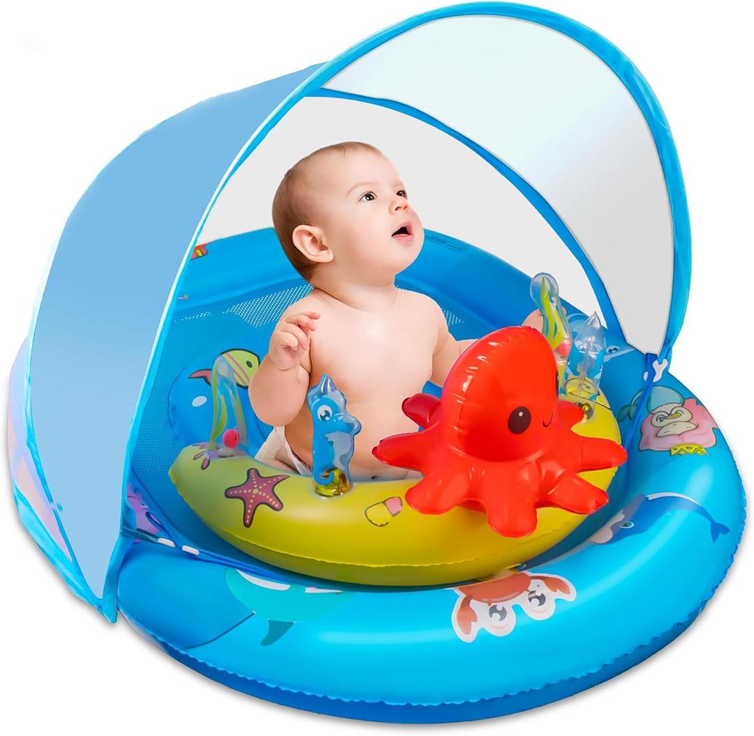 Baby Pool Float with Canopy UPF50+ Sun Protection, Inflatable Baby Swimming Float with Ocean Animal Toys for Kids 12 Months+, Toddler Infant Pool Float with Adjustable Safety Seat for Boys Girls
