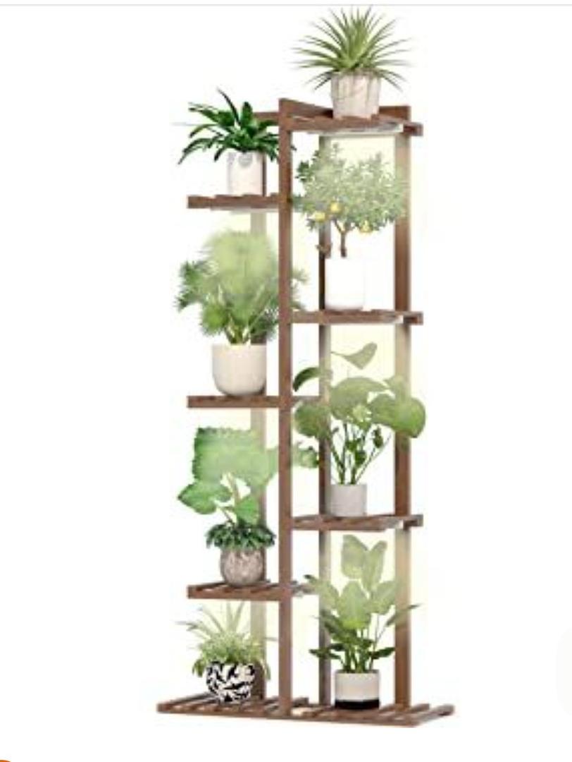 Solatmos Bamboo Plant Stand With Grow Lights Indoor Plants Outdoor Corner Plant Shelf Flower Stands for Living Room Patio Garden Corner Balcony (Brown, 7 Tier)