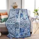NEWLAKE Quilted Throw Blanket for Bed Couch Sofa, Blue Classic Bohemian, 60X78 Inch