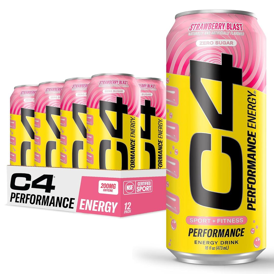 Cellucor C4 Performance Energy Drink | Strawberry Blast | Zero Sugar Carbonated Preworkout Energy | 200mg Caffeine with Beta Alanine | 16 Fl Oz (12 Pack), Best Before September 2025 