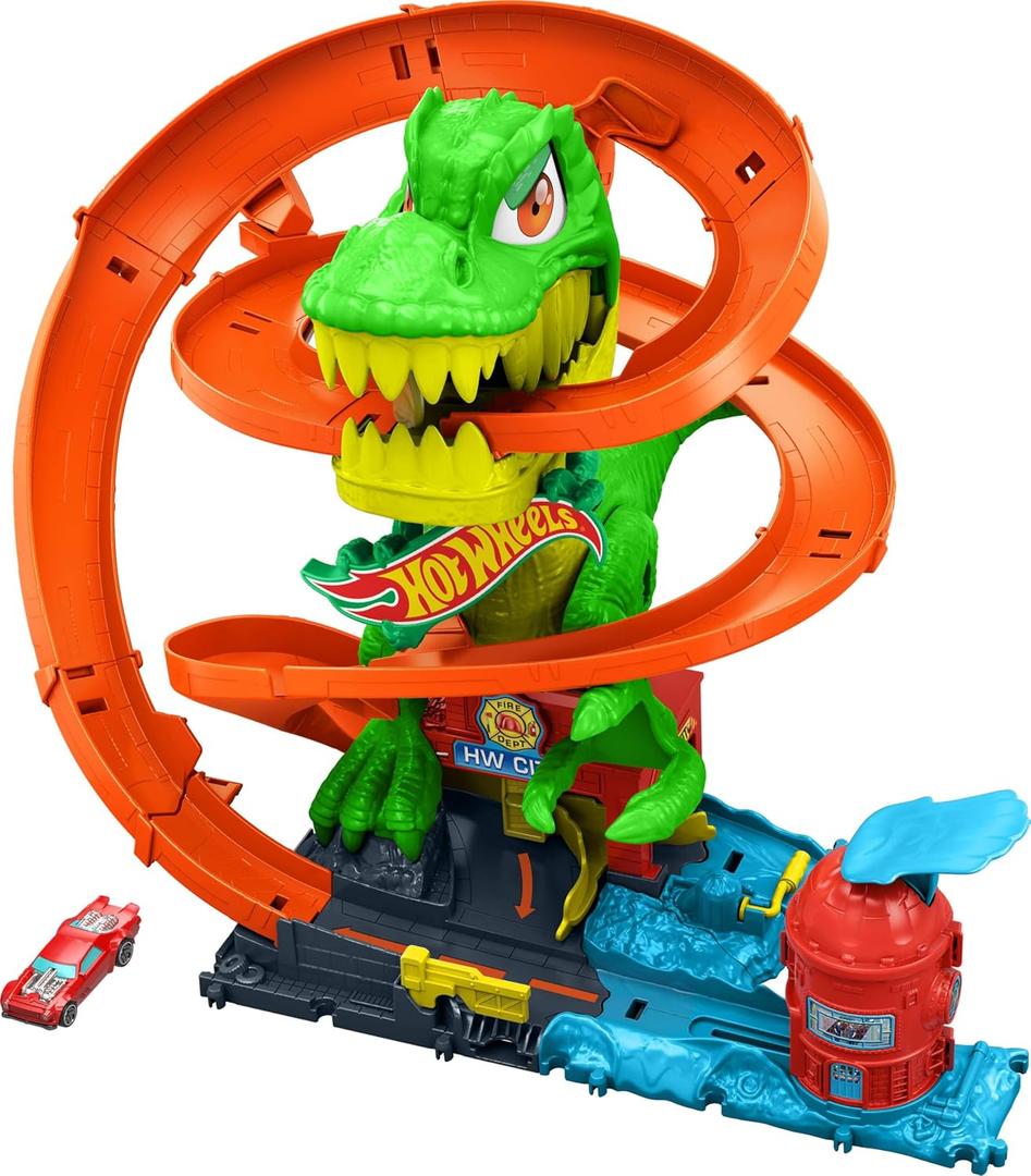 Hot Wheels Toy Car Track Set, City T-Rex Blaze Battle Playset & 1:64 Scale Die-Cast Vehicle, 18 Tall, Multiple Race Outcomes, Spinning Dinosaur Eyes