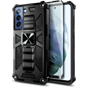 NZND Case for Samsung Galaxy S21 FE with Tempered Glass Screen Protector (Maximum Coverage), Full-Body Protective [Military-Grade], Built-in Kickstand, Heavy-Duty Case (Blue)