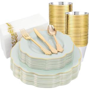 NOCCUR 175PCS Sage Green Plastic Plates with Gold Disposable Silverware - Include 50 Green and Gold Plastic Plates,25 Knives,25 Forks,25 Spoons,25 Cups and 25 Napkins - Mother's Day/Spring Party
