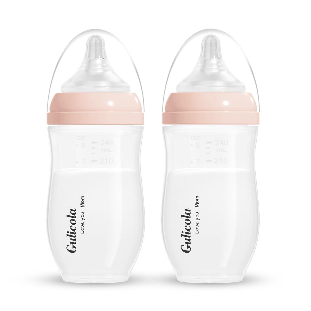 Gulicola Natural PP Baby Breastfeeding Bottles, Medium Flow Nipples (M), 3 Months +, Pink, 8 oz - 2pks