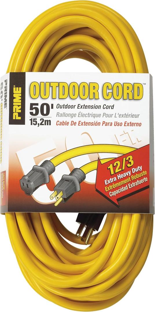 Prime Wire & Cable EC500830 Prime Extra Heavy-Duty, Single Outlet Extension Cord, 12/3 ga, 15 A, 125 V, 50 ft L, Yellow