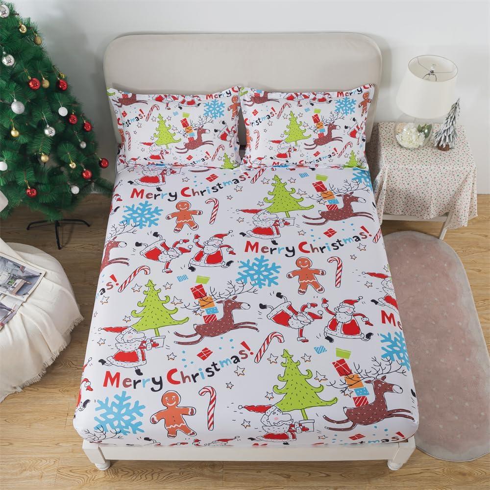qjmiaofang Merry Christmas Sheets Full Size Santa Claus Sheet 3 Pieces Christmas Tree and Elk Printed Bed Set Festivel Snowflake Fitted Sheet Deer Pattern Bed Sheet with 2 Christmas Pillowcase