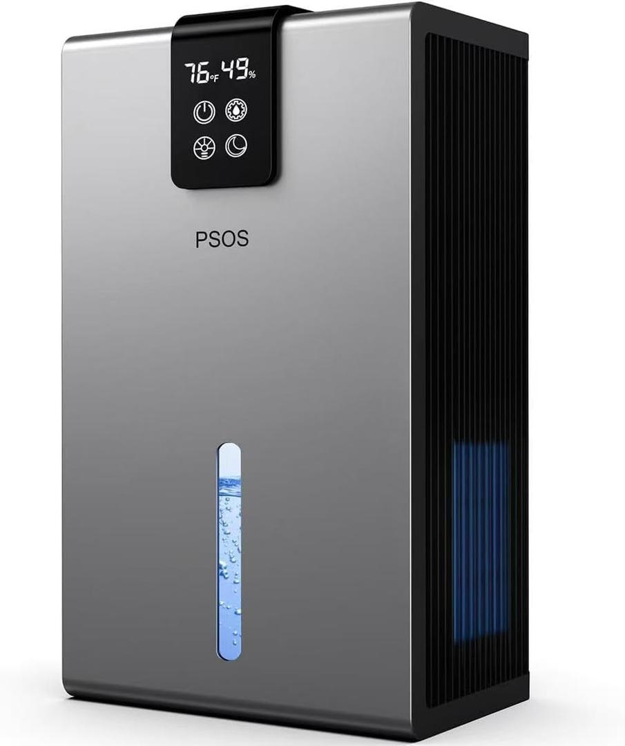 PSOS Dehumidifier, Dehumidifiers for Home, 98 OZ Water Tank, (1000 sq.ft) Quiet Dehumidifier for Basement Bathroom Bedroom with Humidity Display, Auto Shut Off, Relaxing 7 Color Ambient Light(Gray)