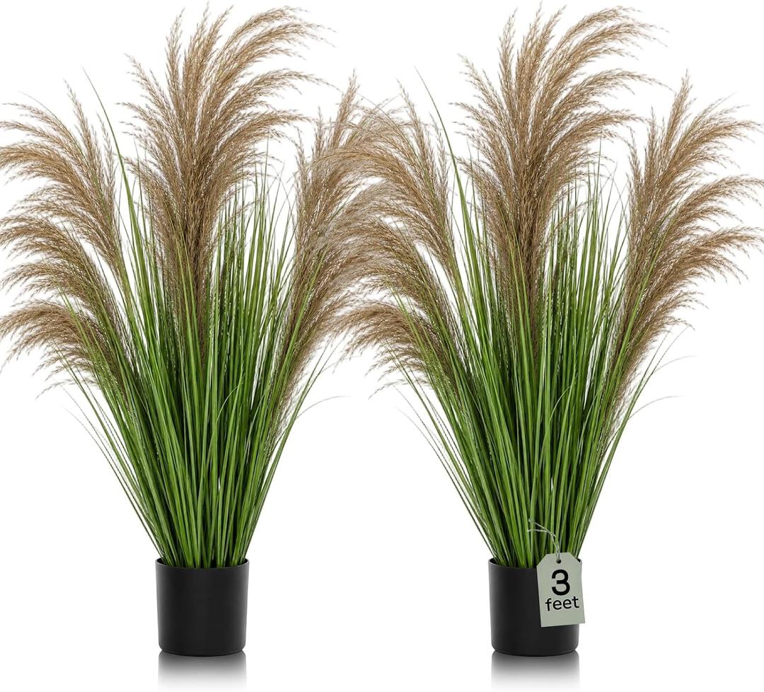 Jexine 2 Pcs Pampas Grass Potted Plants 3 ft Tall Artificial Grass Potted Artificial Greenery Floor Plants Tall in Pot for Housewarming Gift House Garden Bathroom Lobby Outdoor Decoration (Greeny)