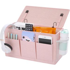 Dual-purpose Bedside Caddy Bedside Organizer, Bed Caddy with 6 Pockets, Versatile Bedside Storage Solution Magazine Remotes holder, ideal for Home, Dorm, Hospital, Crib Bed (Pink)