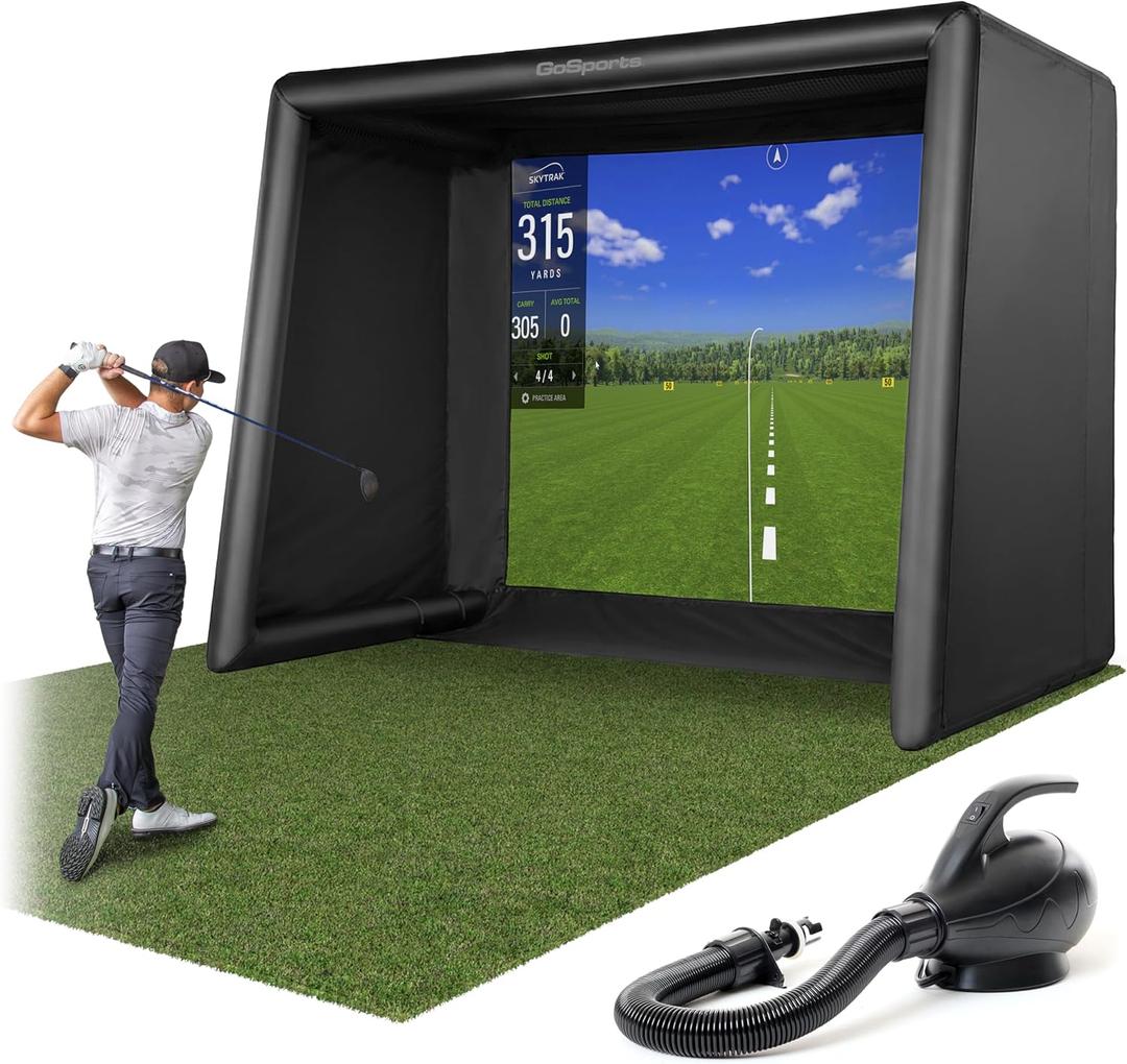 GoSports Commercial Grade Inflatable Golf Simulator Enclosure for Home - 12 x 9 ft Indoor & Outdoor Portable Hitting Cage with Golf Simulator Impact Screen - Includes Electric Pump and Storage Case