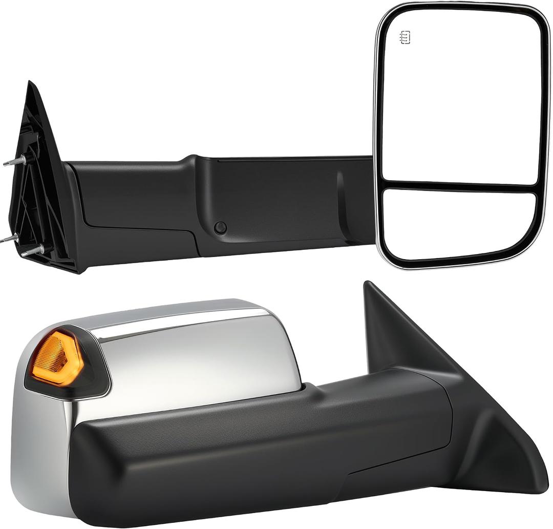 Tow Mirrors Compatible with 2009-2018 Dodge Ram 1500, 2010-2018 2500 3500, Flip Up Extended Trailer Towing Side Mirrors w/Smoked Turn Signal, Power Heated, Chrome