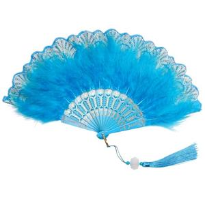Fumwase Foldable Feather Fan Embroidered Flower Handheld Chinese Folding Fans 1920s Feather Fan Flapper Hand Fan for Costume Party Wedding Dancing Decoration (Light Blue)