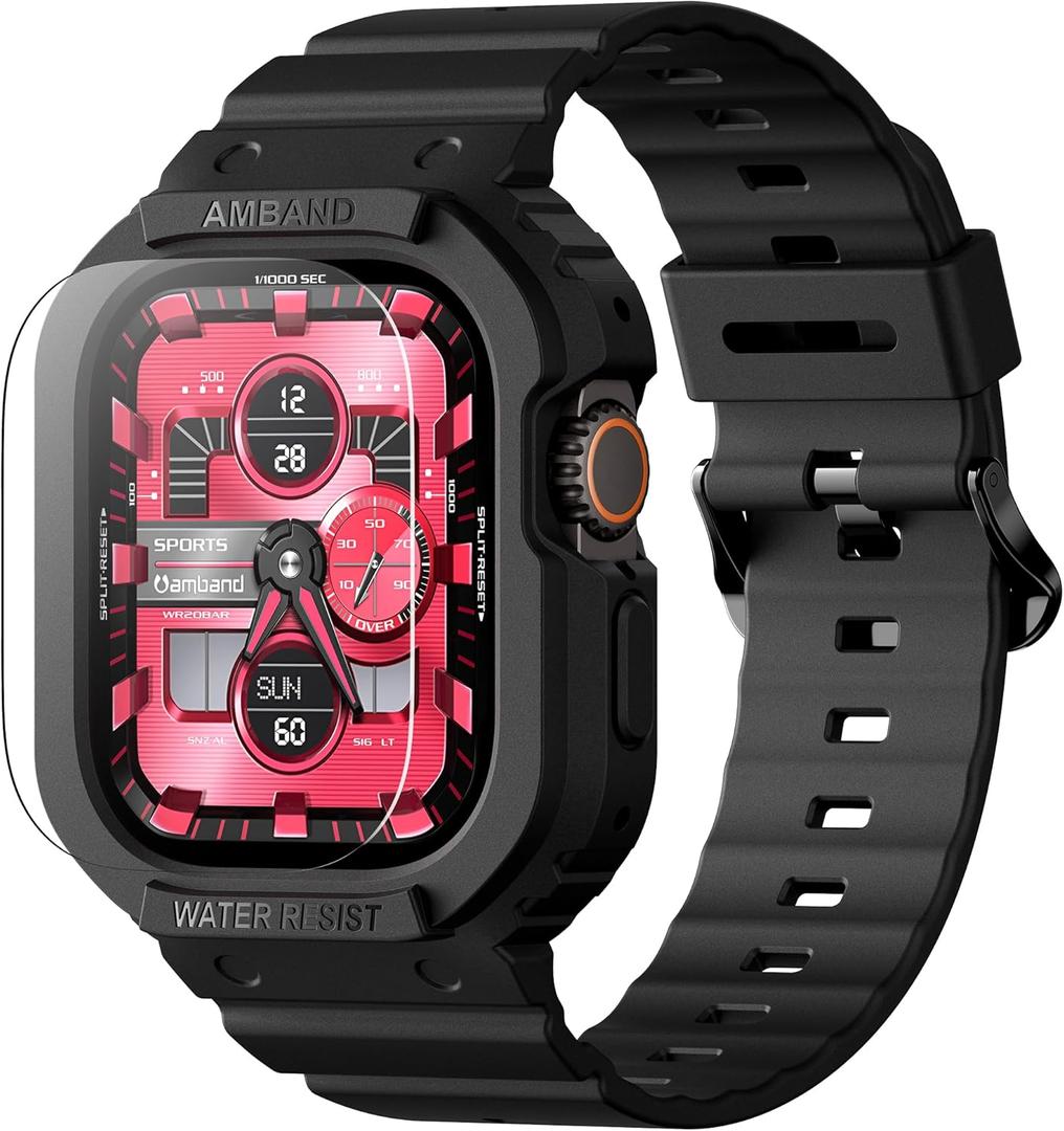 amBand E1 Sport Case Band for Apple Watch Ultra 3/2/1 & SE 3/2/1 & Series 11 10 9 8 7 6 5 4 3 49mm 46mm 45mm 44mm 42mm 41mm 40mm 38mm, Shockproof & Scratch Resistant Rugged Bumper for Men Women