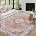 COZYLOOM Washable Area Rug 8 x 10 Rug for Living Room Boho Vintage Medallion Bohemian Rug Non Slip Throw Rugs Large Bedroom Rug Low Pile Stain Resistant Carpet for Dining Room Nursery 8ftx10dt Pink