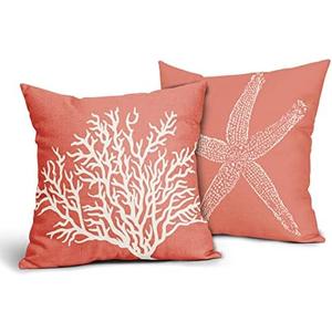 Coastal Coral Throw Pillow Covers 16x16 Inch Set of 2 Starfish Beach Nautical Pillow Covers Summer Farmhouse Pillowscase Linen Square Cushion Covers for Sofa Couch Bedroom Living Room Home Decoration