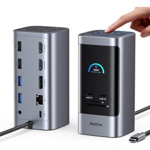 RayCue 15 in 1 Laptop Docking Station 3 Monitors, Triple 8K Display with 3 HDMI, 6 USB Ports, 5 Shortcut Button, Gigabit Ethernet, PD3.0, Smart Display for Windows/Dell/Lenovo/HP...(No Power Adapter)