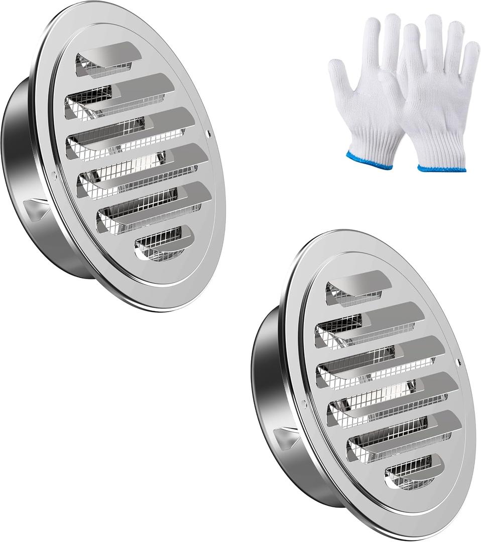 Stainless Steel Soffit Vents 4 Inch, HG Power Round Vent Cover with Screen Mesh, Louver Air Vent Hood for Wall, Ceiling Mount, Bathroom, Garage, Attic Ventilation, 2-Pack, Silver