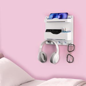 Bedside Wall Shelf with Glasses Hooks Adhesive Bedside Organizer Wall Mount for Dorm and Room Accessories PhoneRemoteEarphone Kindle (White)