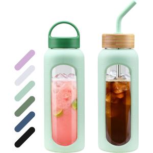 WINSA 32 oz Glass Water Bottle, 1 Liter Glass Tumbler with Straw, Reusable Drinking Bottles with 2 Lids-Handle Lid&Bamboo Straw Lid, Silicone Sleeve, for Sports, Home,1 Pack-Mustard