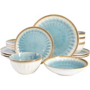 Gibson Elite Mayfair Bay 16-Piece Embossed Double Bowl Dinnerware Set, Service for 4  Blue Stoneware Plates and Bowls