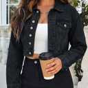 EMMIOL Women's Cropped Denim Jacket Lapel Long Sleeve Button Front, M