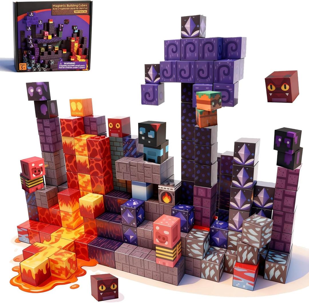 100 PCS Magnetic Building Blocks,Magnet Toys for Kids, 3D Magnetic Blocks Cubes, Stacking Magnets, School STEM Sensory Toys,Birthday Gifts for Boys and Girls Age 3+ (Magma Cave)
