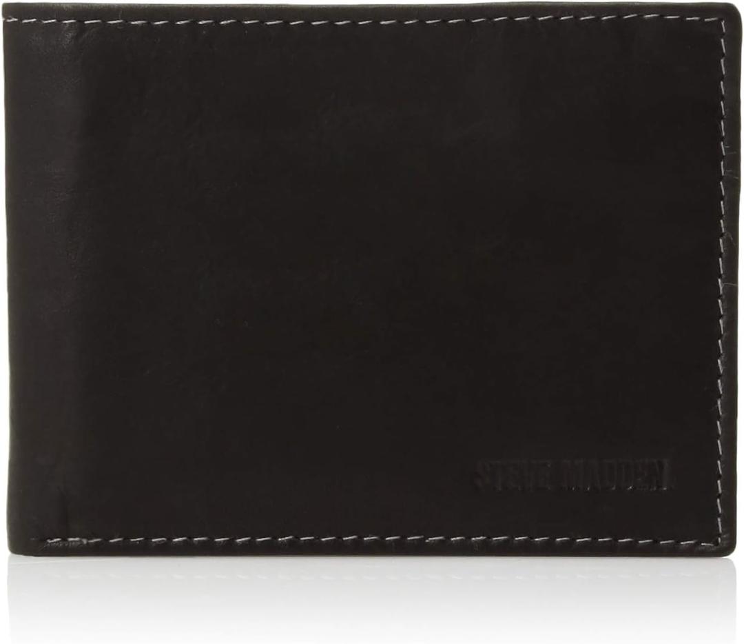Steve Madden Men's Slim Leather Wallet with Extra Capacity Attached Flip Pockets (Black/Antique)