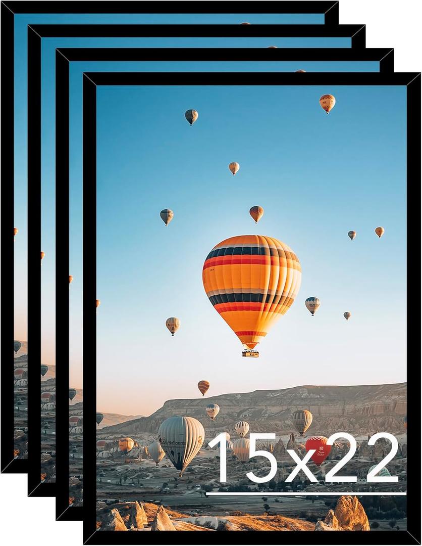 15x22 Picture Frame Set of 4 Black for Wall Hanging, Wall Mounting Horizontally or Vertically, 15 x 22 Wall Gallery Poster Photo Frame with Shatter Resistant Plexiglass, 4 Pack, Black