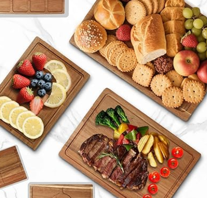 Acacia Cutting Board Set of 3 with Holder, Solid Acacia Wood Chopping Boards, Thick Kitchen Cutting Boards, Serving Boards for Meat, Vegetables and Fruits