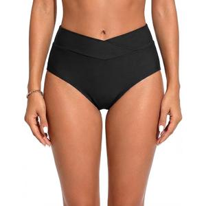 Women V Cut Bikini Bottoms - High Waisted Full Coverage Swimsuits Cross Front Bathing Suit Bottoms 2026 (Large, Black)