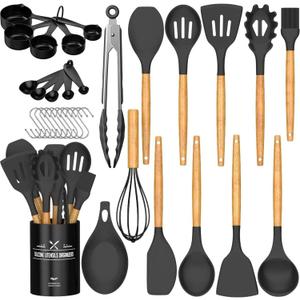 Umite Chef Kitchen Cooking Utensils Set, 33 pcs Non-Stick Silicone Cooking Kitchen Spatula Set with Holder, Wooden Handle Silicone Kitchen Gadgets Utensil Set (Black)