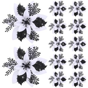 12 Pieces 5.7 Inch Christmas Poinsettia Flower Christmas Glitter Artificial Flower with Clips Xmas Tree Ornament for Wreath Garland Party Decor (White,Black)