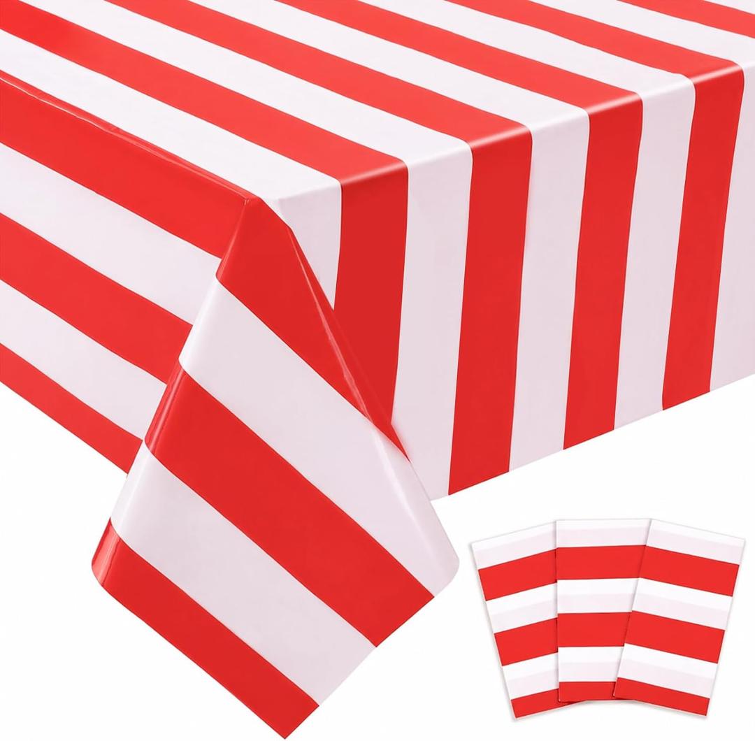 6 x 3 Pack Red and White Striped Plastic Tablecloth 54 x 108 Inch | Disposable Waterproof Red Striped Table Cloths for Carnival Circus Holiday Party Picnic Birthday Festival Decor