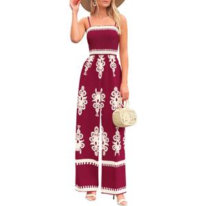 PRETTYGARDEN Women's Summer Boho Jumpsuits One Piece Beach Vacation Outfits Spaghetti Strap Wide Leg Pants Rompers (Wine Red Apricot Floral,XX-Large) (Red, XXL)