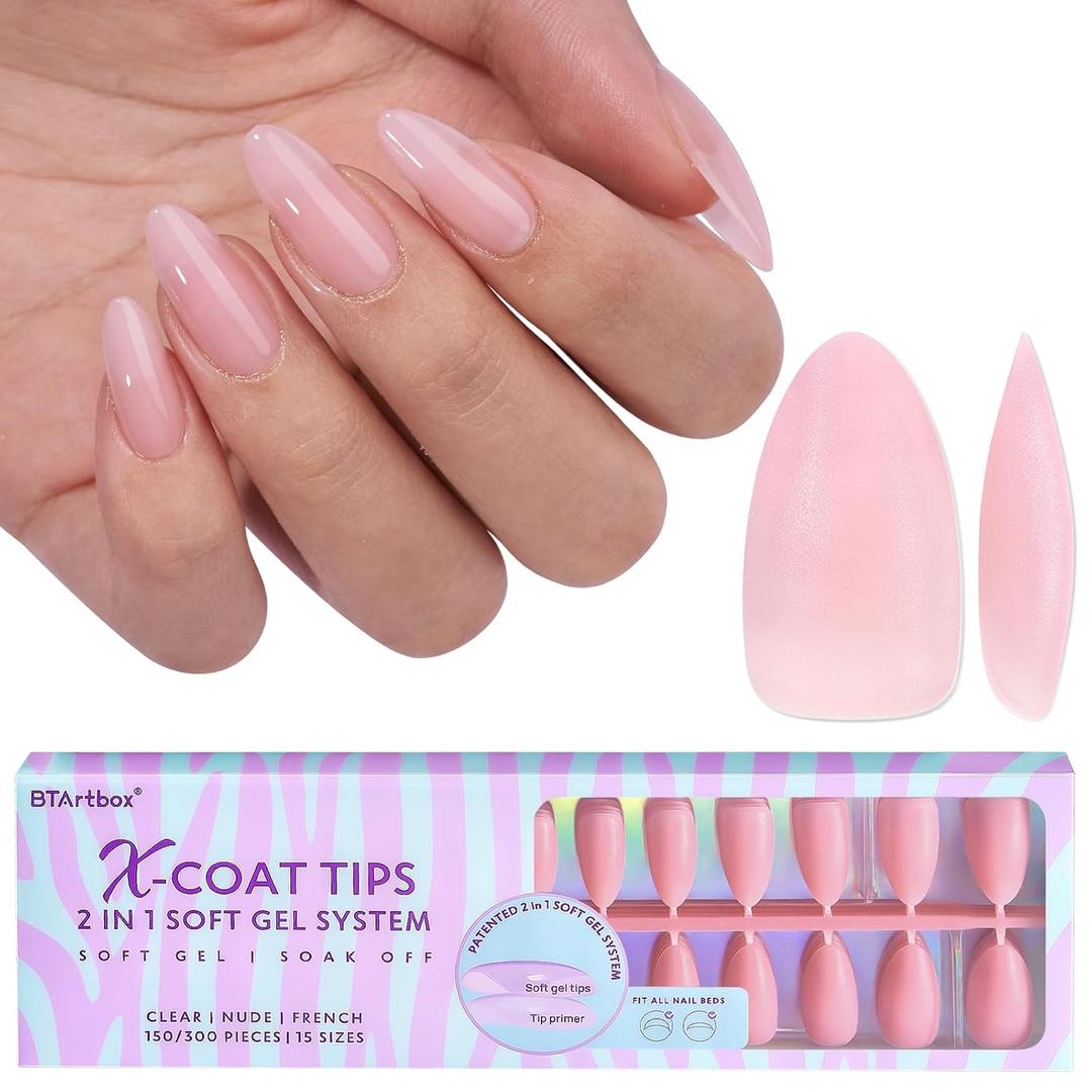 BTArtbox XCOATTIPS Natural Nail Tips - Matte Medium Almond Press On Nails Pink, Long Lasting Soft Gel Nails False Nail, Soak Off Acrylic Fake Nails Extensions for Nail Art DIY Women