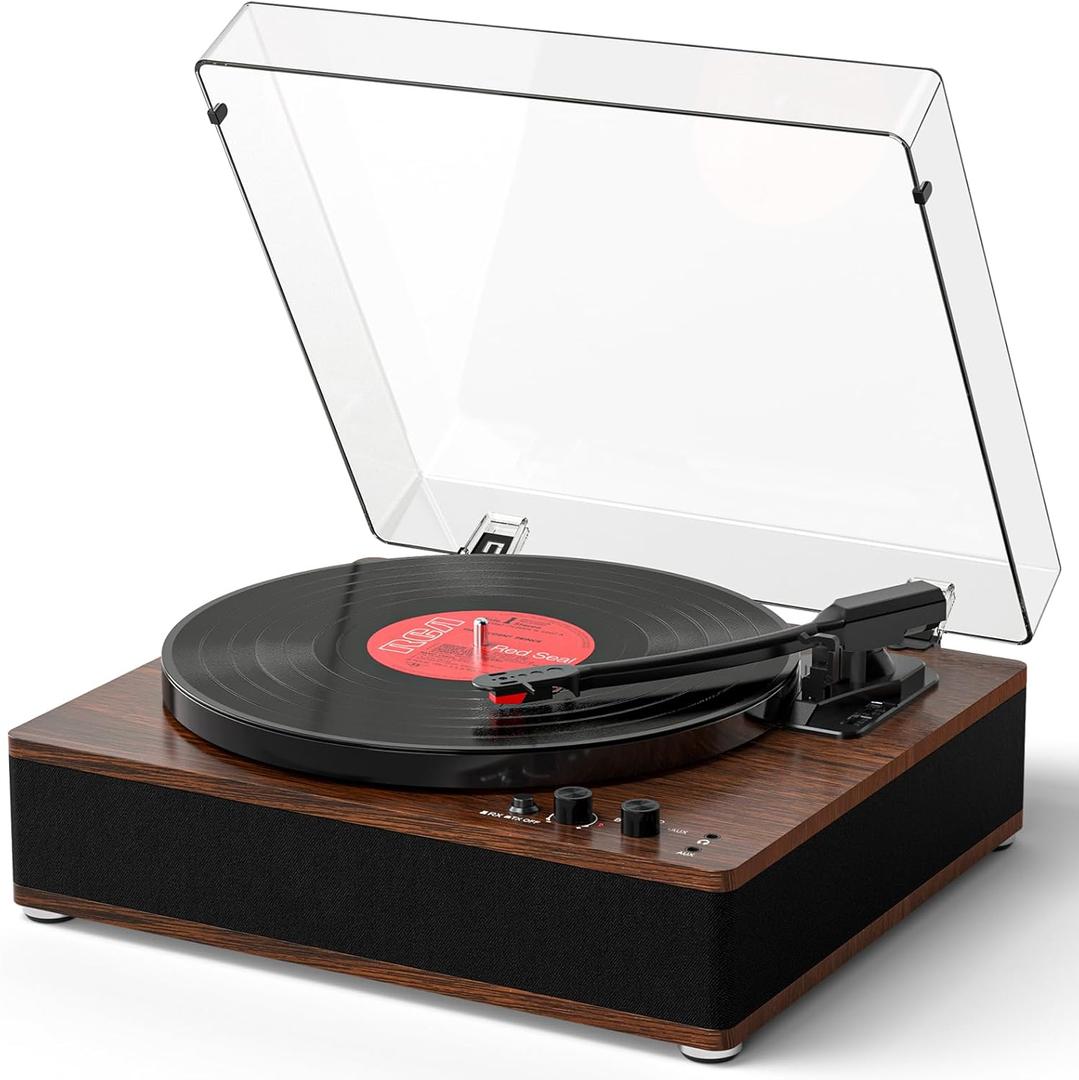 Vinyl Record Player with Bluetooth Input Output, Built-in Stereo Speakers, 3-Speed Turntable LP Player, Full-Size Vintage Vinyl Player, Counterweight, AUX/RCA/Headphone Jack, Walnut (Brown)