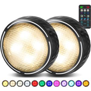 LED Puck Lights with Remote Control, Battery Operated Wireless Closet Lights, Under Cabinet Lighting Stick on Tap Push Light, Color Changing Under Counter Light for Kitchen, 2 Pack - Black
