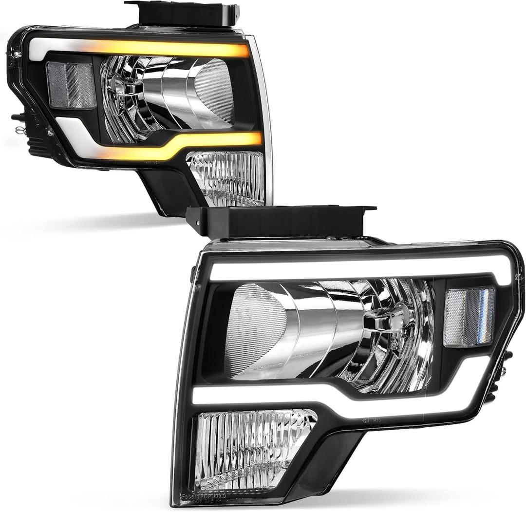 AUTOSAVER88 Switchback LED Tube Headlights Assembly Compatible with 2009 2010 2011 2012 2013 2014 Ford F150 F-150 DRL Headlight Headlamp Replacement Pair Black Housing Clear Reflector