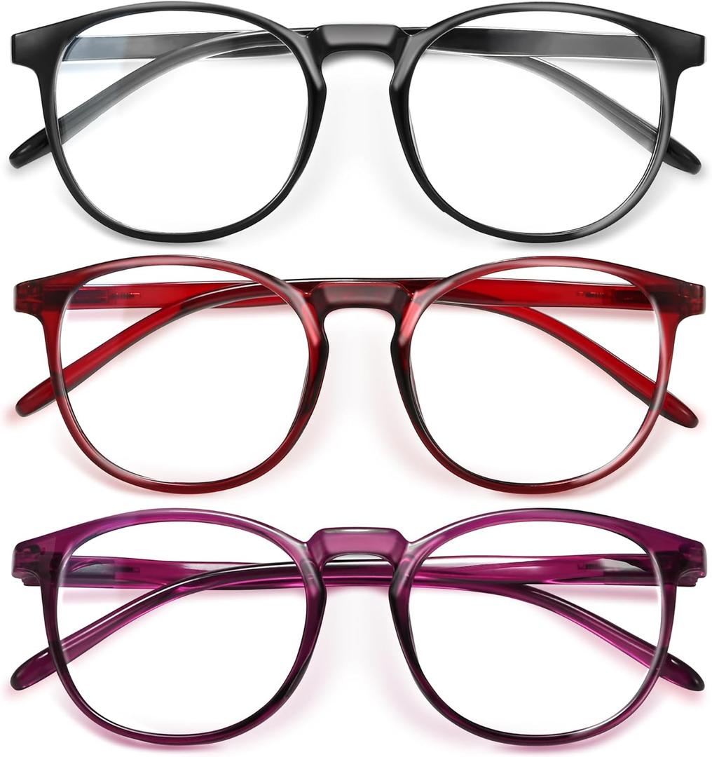 IBOANN Chic & Comfy Blue Light Glasses for Women - 3-Pack Round Frames, Screen-Ready Style with UV Protection Coating (C11 Light Black & Wine Red & Violet Indigo)