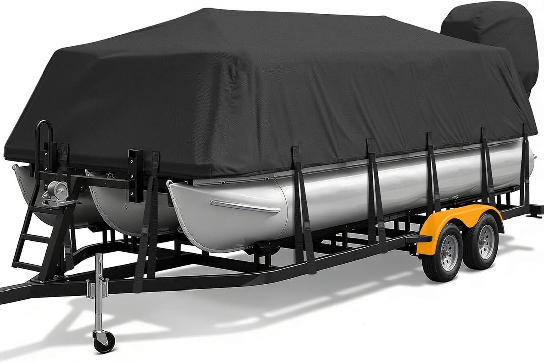 Pontoon Boat Cover 22-24 ft, 1200D Heavy Duty Waterproof Pontoon Cover with 16 Windproof Straps, Elastic Hem & Motor Cover, Fits 22 ft 23 ft 24 ft Pontoon Boats Up to 8.5 ft Beam, Black