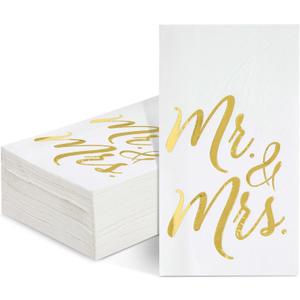 50-Pack Mr and Mrs Napkins, Disposable Wedding Dinner Napkins for Reception, Rehearsal Dinner, Bridal Shower, Engagement Party (Gold Foil and White, 3-Ply, 4x8 in)