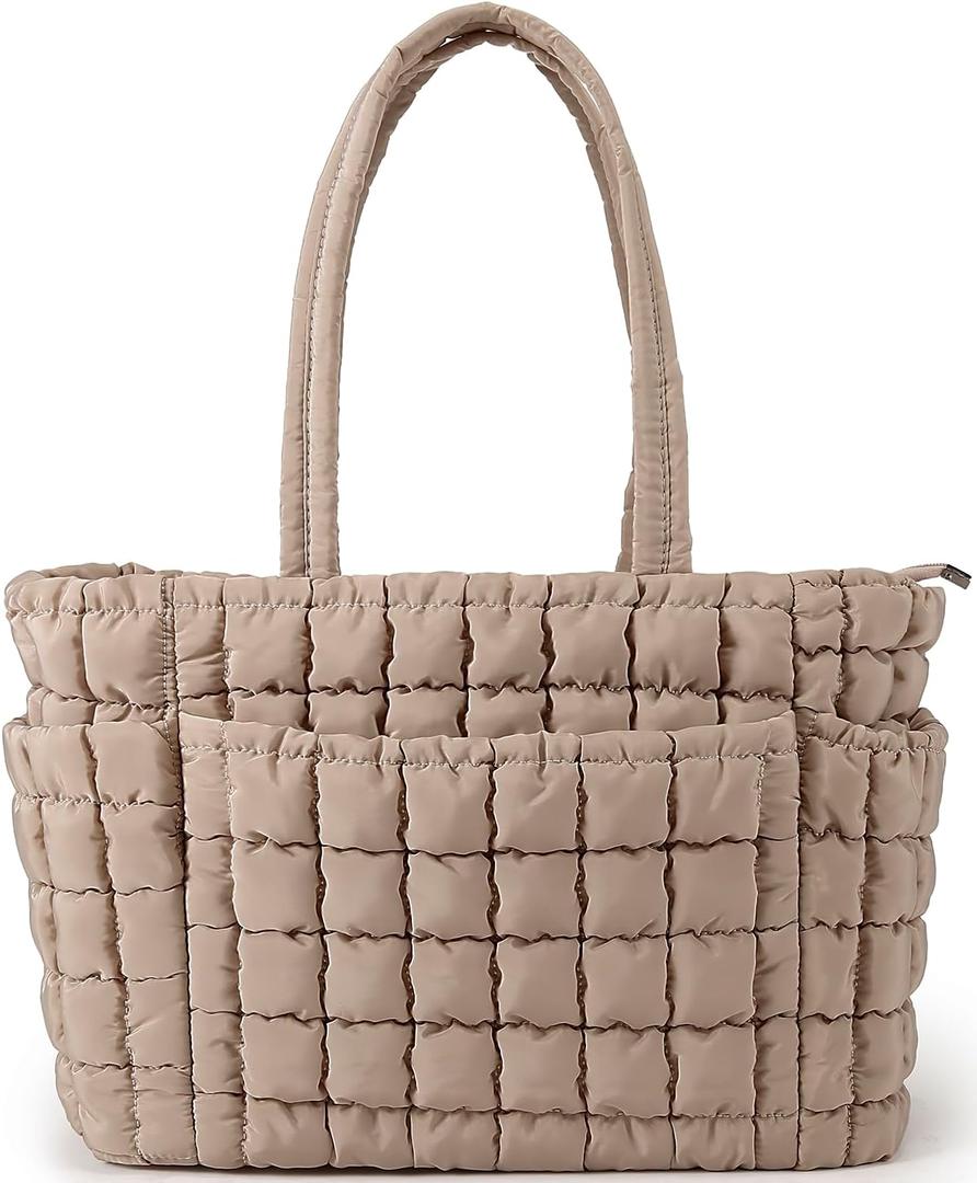 Queenoris Puffer Tote Bag for Women, Soft Quilted Shoulder Handbag Large Lightweight Satchel Purse Travel Gym Bag | PUFFER