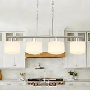 4-Light Brushed Nickel Kitchen Island Lighting, Modern Linear Dining Room Chandelier Light Fixtures with Milk Glass and Chain, Mid Century Hanging Lights for Kitchen Island, OS-YQ8153-4ISBNW