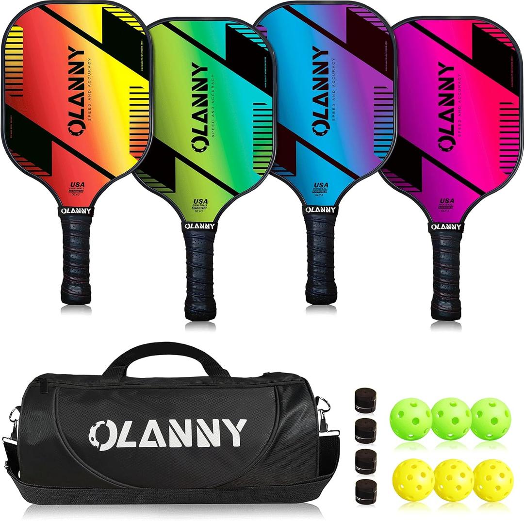 OLANNY Graphite Pickleball Paddles Set- Premium Rackets Fiber Face & Polymer Honeycomb Core Pickleball Set Includes Pickleball Paddles + Pickleball Balls+ Replacement Soft Grip + 1 Bag