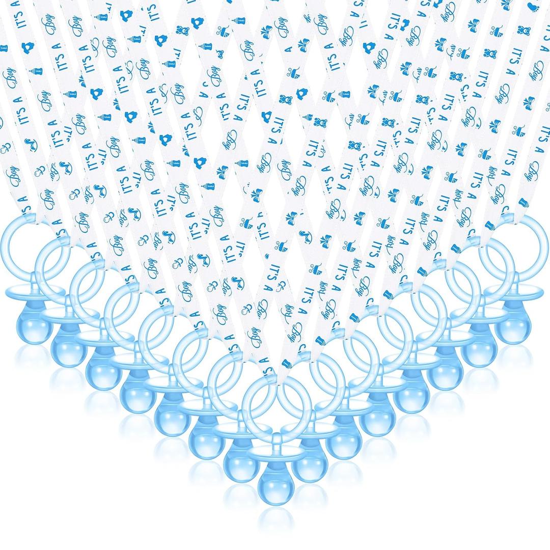 Chengu 100 Pcs Baby Shower Pacifiers Necklace, Acrylic Pacifiers Necklace Charm for Gender Reveal Party Decorations(Blue) (Blue and White)