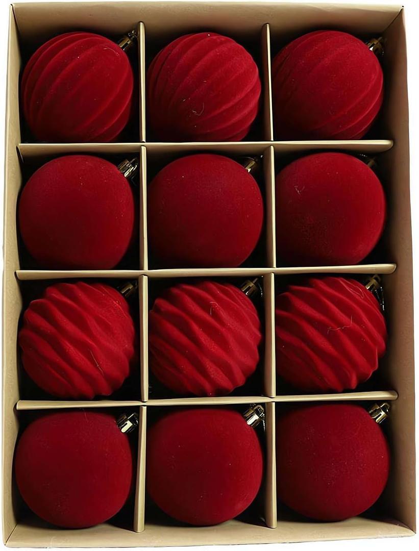 12 pcs 2.36inch Velvet Christmas Ornaments for Xmas Tree,Velvet Ornaments for Christmas Tree,3 Style,Shatterproof Decorative Hanging Ornaments Set for Xmas Tree Holiday Wedding Party Decor (Red)