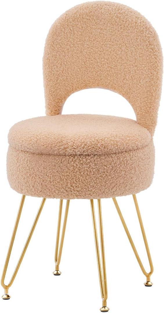 Storage Ottoman Vanity Stool Chair with Folding Back Teddy Velvet Makeup Chair Multifunctional Upholstered Footstool,4 Metal Legs with Anti-Slip Feet for Bedroom Living Room Entryway (Beige)