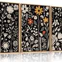 HOURIA Large Moody Boho Floral Framed Canvas Wall Art Set,Mid Century Black Flower Leaf Wall Decor,Retro Dark Wildflower Artwork,Minimalist Botanical Art Print for Living Room,Bedroom,Office-24"x36"x3