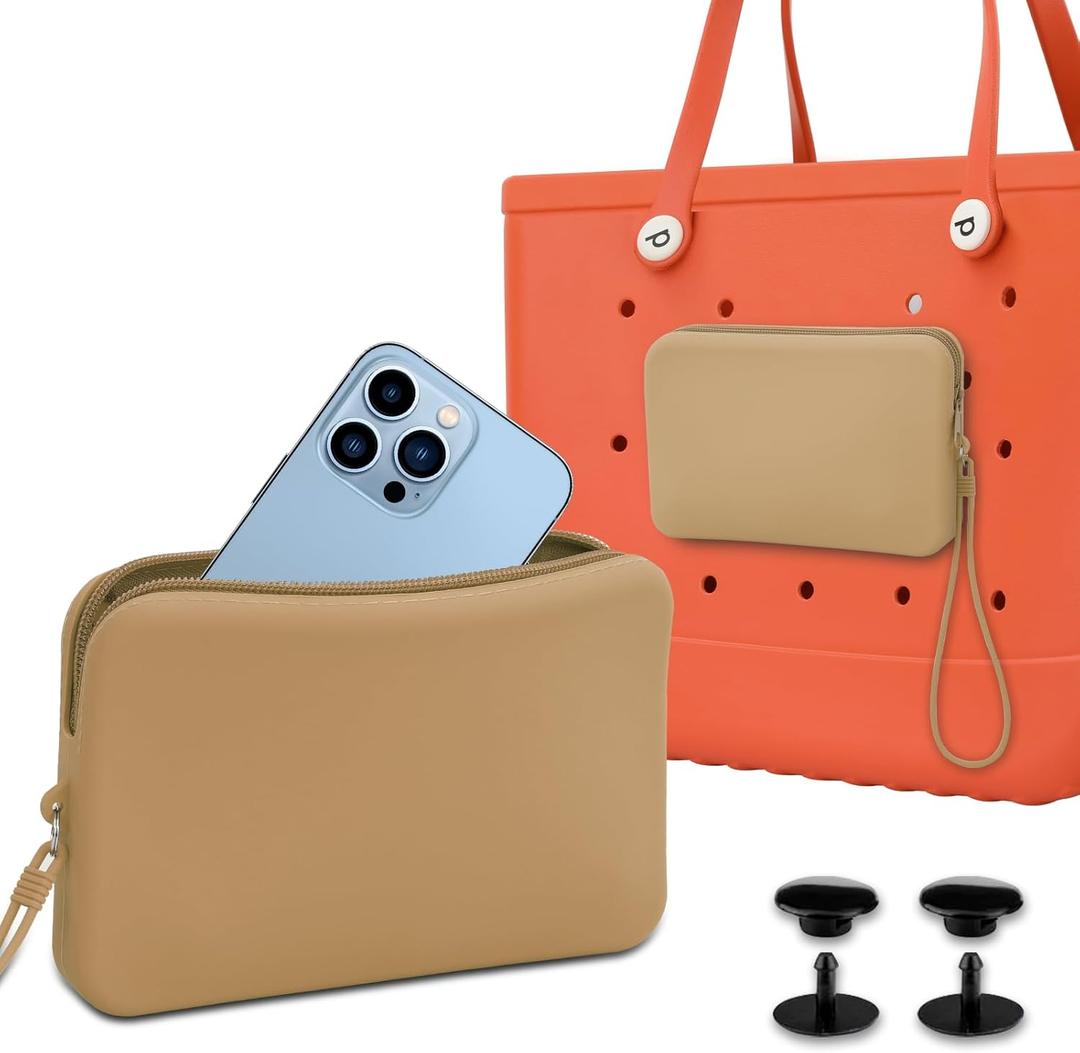 Accessories for Bogg Bag, Large Khaki Silicone Phone Holder for Bogg Bag, Charm for Bogg Bag, Silicone Zipper Bag Wallet with Lanyard for Beach Bags Tote Bag