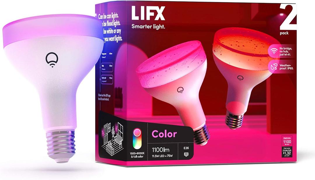 LIFX Color BR30 Smart LED Flood Light Bulb, 1100 Lumens, Dimmable, 2.4GHz Wi-Fi, Billions of Colors and Whites, Compatible with Alexa, Hey Google, HomeKit and Siri, HB2LHB30E26US, 2-Pack